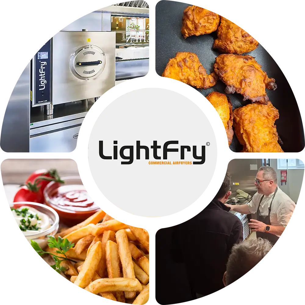 LightFry commercial airfryer montage with fried chicken, fries, cooking demo and product unit